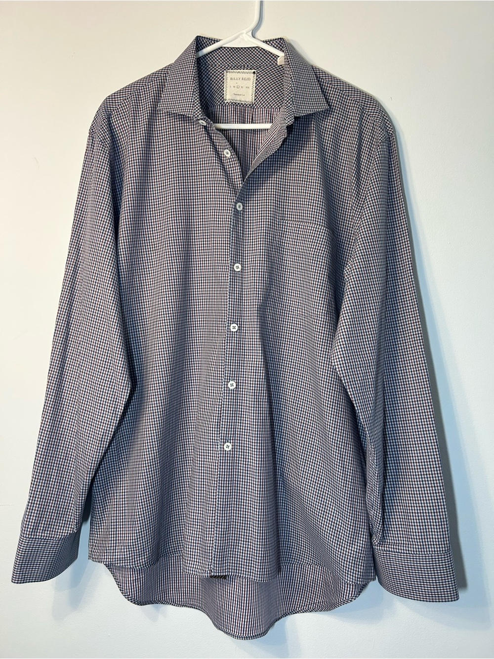 Billy Reid Men’s Standard Cut Gingham Button Up Shirt Navy Maroon White L